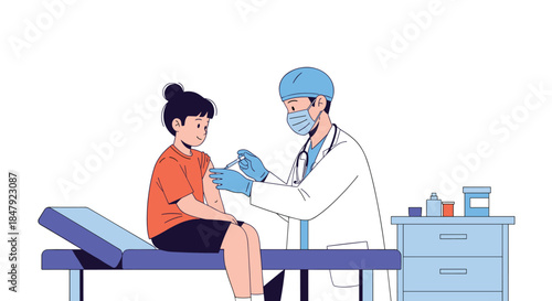 Male doctor in a face mask giving a vaccination shot in the arm to a young girl sitting on an examination table.