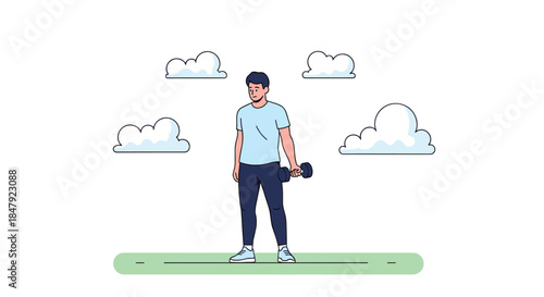 Young man standing outdoors holding a single dumbbell, looking thoughtful, perhaps contemplating his fitness journey or workout.