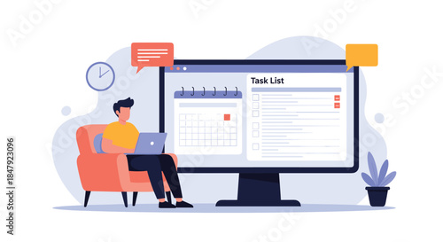 Man sitting in an armchair with a laptop, managing his schedule and tasks on a large calendar and to-do list interface.
