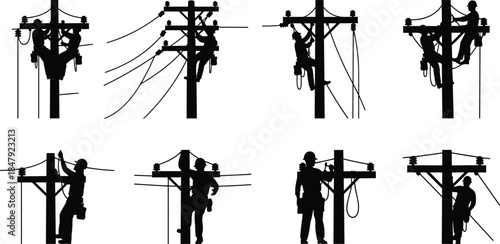 Electrician Linemen Silhouette Vector Icon Set, Showing Workers Maintaining, Repairing, and Installing Power Lines on Wooden Utility Poles for 