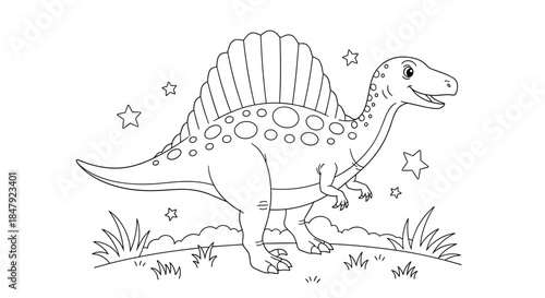 Simple black and white line art coloring page of a friendly Spinosaurus dinosaur standing in grass under a starry sky.
