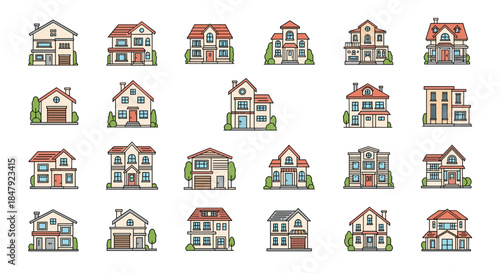 Extensive collection of various suburban houses and residential buildings, illustrated in a clean, colorful, and detailed line icon style.