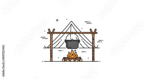 Minimalist line art illustration of a campsite scene with a tent, a pot cooking over a campfire, perfect for outdoor logos.