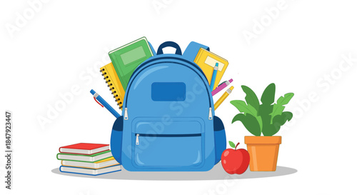 Flat design illustration of a blue school backpack filled with books and supplies, next to a stack of books and a plant.