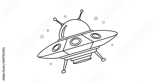 Simple line art drawing of a classic flying saucer with a dome, antennas, and landing gear, decorated with little stars.