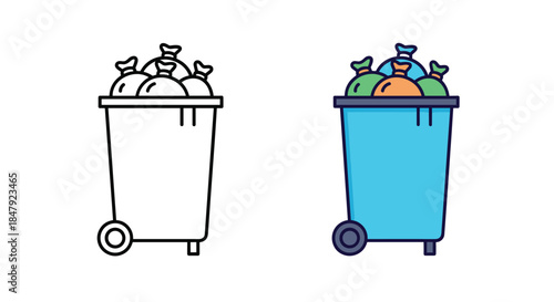 Illustration of a wheeled trash can full of garbage bags, presented in both a simple black outline and a full-color version.