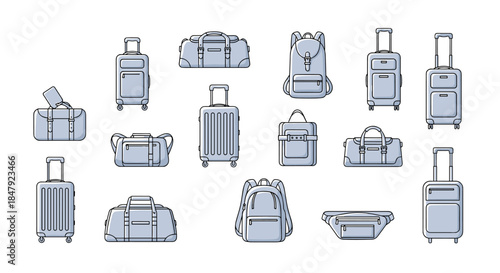 Collection of various travel bags and luggage icons in a clean blue line art style, including suitcases, backpacks, and duffel bags.