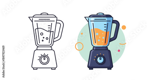 Kitchen blender illustration shown in a simple black outline for coloring and a vibrant, full-color version with orange juice inside.