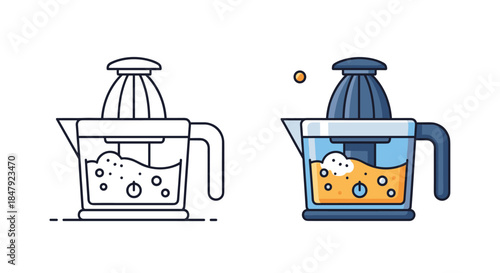 Electric citrus juicer appliance shown in a simple line art style for coloring and a full-color version making fresh juice.