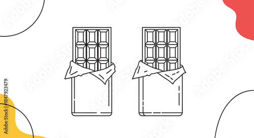 Minimalist line art illustration of two chocolate bars in opened wrappers, set against a background with simple abstract shapes.