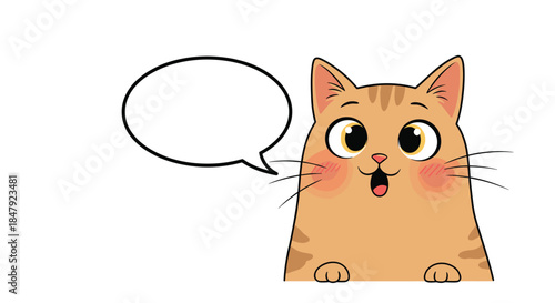 Cute ginger cat peeking with a surprised expression and an empty speech bubble, perfect for adding your own text or message.