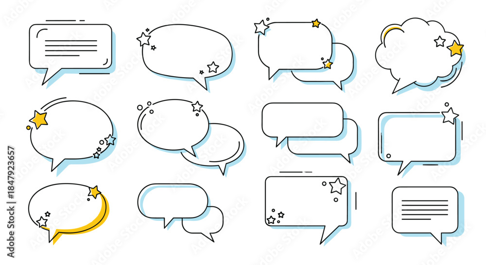 Obraz premium Set of various comic-style speech and thought bubbles in a clean line art design, perfect for adding text and dialogue.
