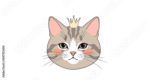 Adorable and regal cartoon tabby cat face wearing a small golden crown, with blushing cheeks and a sweet, gentle expression.