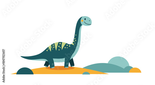 Friendly green brachiosaurus dinosaur character with a happy smile, walking in a simple, flat-style prehistoric landscape scene.