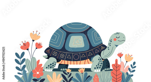 Charming blue and green turtle with decorative patterns on its shell, walking happily among colorful flowers and lush foliage.