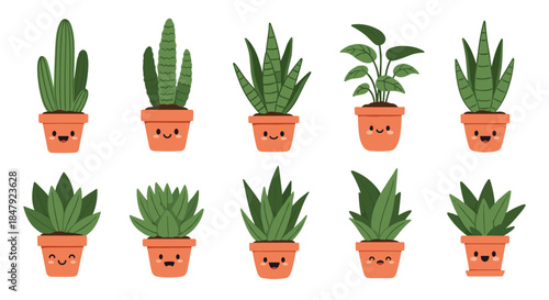 Adorable collection of ten different kawaii-style potted house plants, each with a cute smiling face on its terracotta pot.