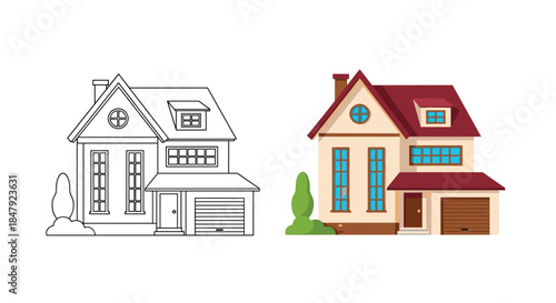 Detailed illustration of a two-story suburban house with a garage, shown as both a black and white outline and a full-color version.