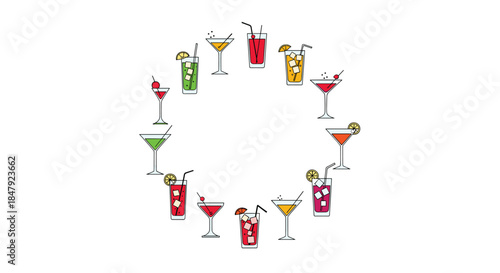 Colorful assortment of various cocktail and drink glasses with straws and garnishes arranged in a circular frame on a white background.
