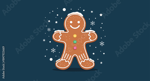 Cheerful gingerbread man cookie with colorful candy buttons standing in a winter scene with falling snowflakes on a dark blue background.