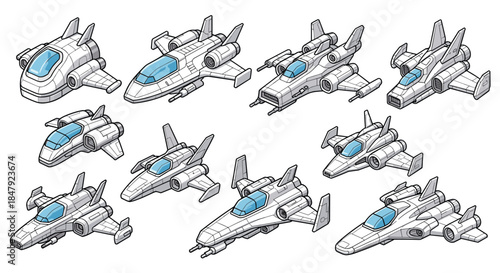 Dynamic collection of various futuristic white spaceships and fighter jets illustrated in an isometric perspective for video games.