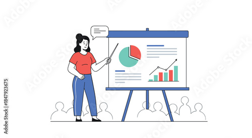 Confident business woman standing and pointing to a presentation board with charts and graphs, addressing an unseen audience.
