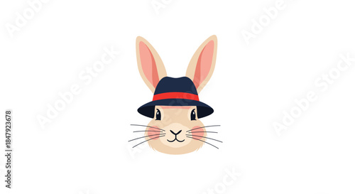 Adorable portrait of a cute bunny rabbit with long ears and whiskers wearing a stylish dark blue and red fedora hat.