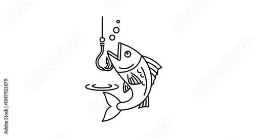 Simple black and white line art illustration of a fish with its mouth open, about to bite a baited hook underwater.