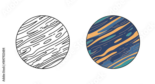 Stylized planet or sphere with a wood grain texture, shown in both a simple black and white outline and a full-color version.