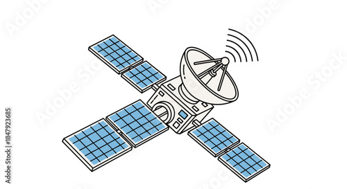 Hand-drawn illustration of a communication satellite with large solar panels and a dish antenna transmitting a signal into space.
