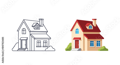 Classic two-story suburban home with a covered porch, illustrated in a clean black and white outline and a simple color version.