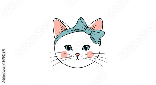 Adorable hand-drawn portrait of a cute white cat with big blue eyes and rosy cheeks wearing a stylish blue bow headband.