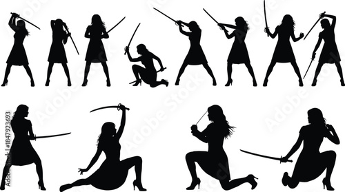 Elegant female warrior silhouettes with swords, fierce women fighting poses, digital vector illustration of martial arts action and historical fencing
