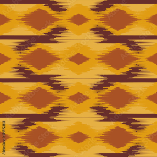 Ethnic ikat yellow dye yarns weaving seamless pattern. Vector hand drawn craftsmanship embroidery bohemian, abstract square geographic art fabric ikat textile material design for clothing wallpaper 