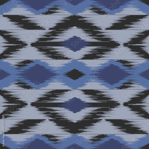 Ethnic ikat blue dye yarns weaving seamless pattern. Vector hand drawn craftsmanship embroidery bohemian, abstract square geographic art fabric ikat textile material design for clothing wallpaper 
