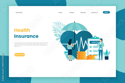 Health Insurance Landing Page Vector Illustration with Medical Protection and Finance Concept
