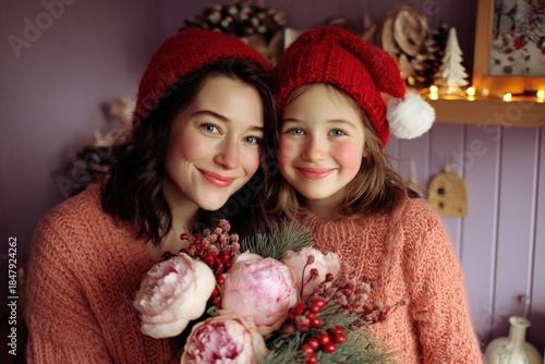 Smiling young woman and child wearing festive hats holding a winter floral arrangement