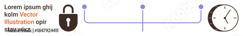 Cybersecurity, data privacy, online protection, time management, process flow, digital safety. Lock icon, connecting line and analog clock. Cybersecurity and time management concepts