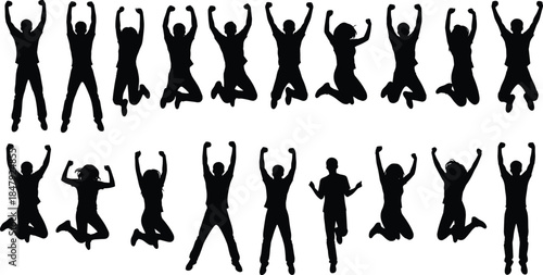 Energetic jumping silhouettes of joyful people celebrating freedom and success, showcasing dynamic motion, excitement, happiness, and expressive movement in modern vector illustration