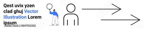 Minimalistic sketch of a person holding a balloon beside two large arrows pointing rightward. Ideal for progress, communication, guidance, navigation, creativity, decision-making, simple landing page