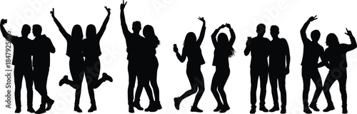 Energetic silhouette group of diverse young people dancing, celebrating, posing and having fun together in dynamic party scene, perfect for modern lifestyle vector illustration