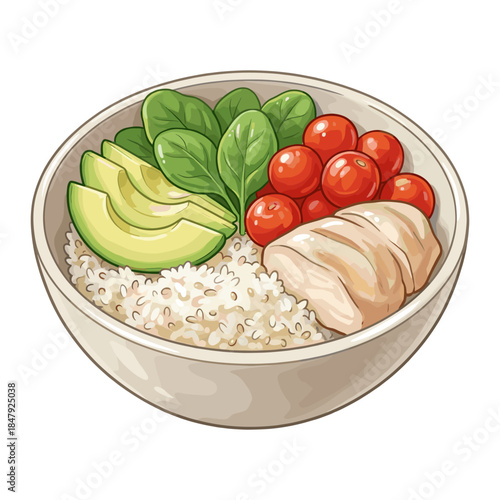 Vector illustration of a healthy chicken rice bowl with avocado slices, cherry tomatoes, and spinach leaves.