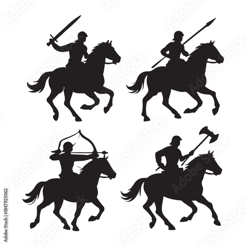 Horseback rider with weapons icons vector 