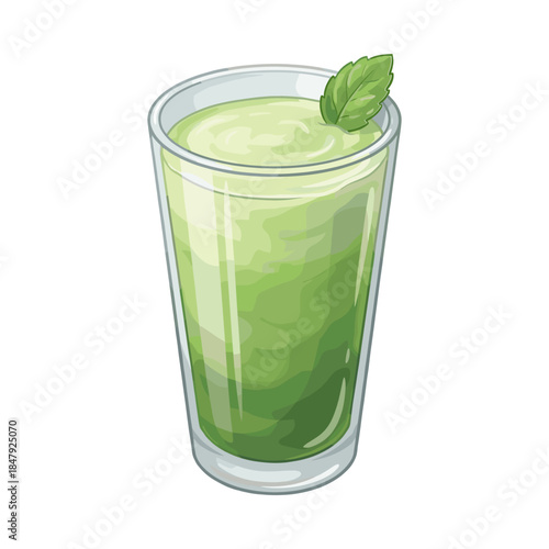 Green Smoothie in Glass with Mint Leaf Garnish, Fresh Healthy Beverage Illustration in Soft Color Line Art