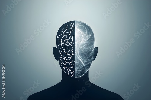 Abstract depiction of a brain divided into chaotic thoughts and calm neural network for mental health awareness.
