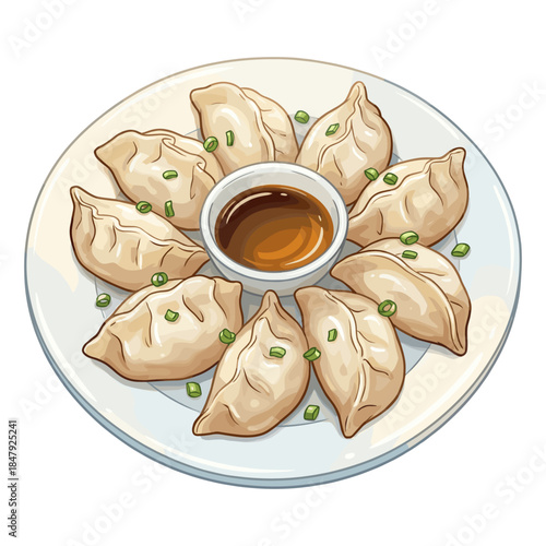 Vector illustration of a plate of dumplings or gyoza arranged in a circle with soy sauce dip in the center.