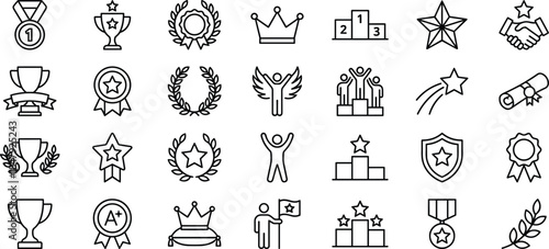 achievement, success, award, icons, vector, recognition, trophy, medal, crown, ribbon, star, podium, diploma, honor, excellence