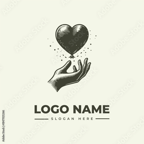 A vector illustration of a hand releasing a heart-shaped balloon with sparks, set against a plain background with space for a logo name and slogan.