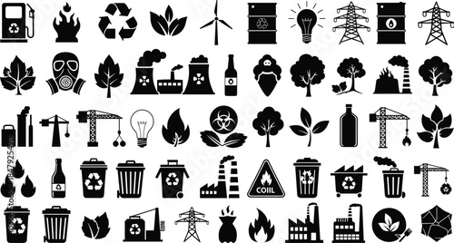 Environment and Industry Black Silhouettes Set Including Factory Emissions, Recycle Bins, Wind Turbines, Power Plants, Chemical Waste, and Biohazard Signs for Ecology.