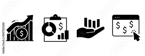 Financial growth icons: charts, reports, investments, online transactions