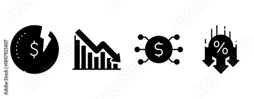 Monochrome financial crisis icons: falling dollar, declining graph, economic impact, percentage drop